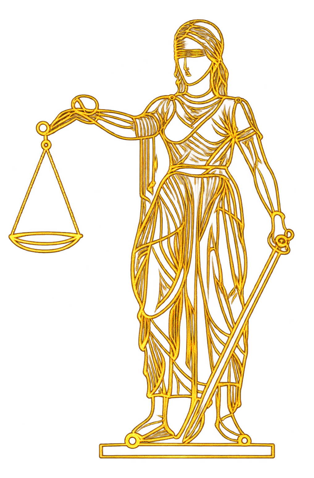 Detailed antique gold illustration of blindfolded Lady Justice holding scales and a sword